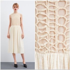 Net lace textured Cream Midi Dress